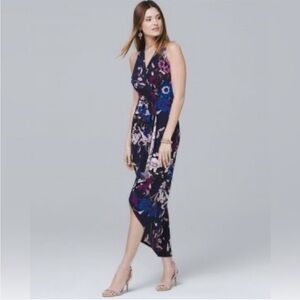 White House Black Market Stretch Floral Dress (Med) Faux Wrap, Asymmetrical Hem